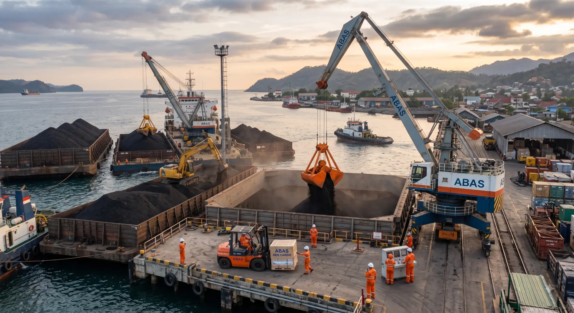 Stevedores and grab crane hold trimming bulk cargo aboard a mother vessel at anchorage